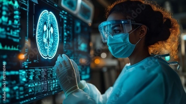 Fototapeta Female doctor examining glowing brain scans on advanced digital screens in a high-tech lab. Ideal for neuroscience, healthcare, or AI visuals. Blue and black tones dominate