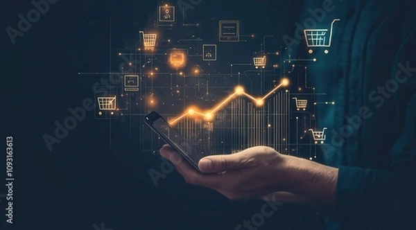 Obraz Hand holding smartphone displaying digital shopping cart icons and upward trend symbolizing e-commerce growth and data analytics