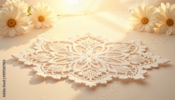 Fototapeta Delicate lace doily with intricate woven patterns glowing under soft natural lighting and surrounded by daisies
