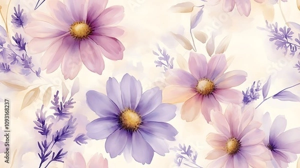 Fototapeta Seamless pattern of pastel watercolor daisies and lavender, light shades of pink and lilac, delicate leaves, flowing brush strokes, hand-painted look, intricate and airy design, soft cream background,