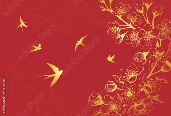 Obraz Elegant cherry blossom oriental background vector with golden swallow bird