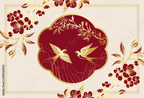 Obraz Luxury swallow bird vector with cherry blossom branch  banner