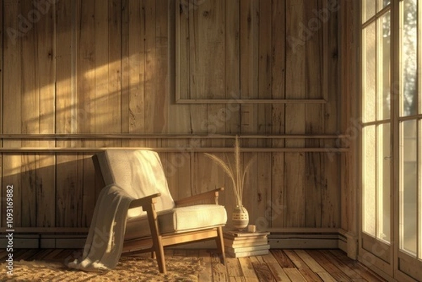 Fototapeta Stylish modern wooden living room with armchair