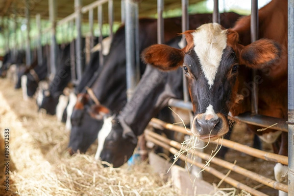 Obraz Feed the cows in cowshed at farm, Cows standing in a stall, eating hay and looking at camera. Agriculture industry, farming and animal husbandry concept, livestock in Thailand