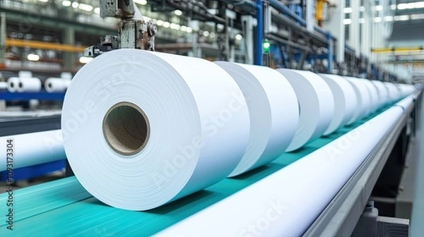 Fototapeta Recycling process of paper rolls industrial factory manufacturing environment inside view waste management concept