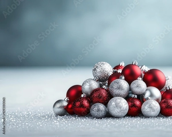 Fototapeta Red and silver baubles arranged on a frosty surface, modern festive design, 3D illustration
