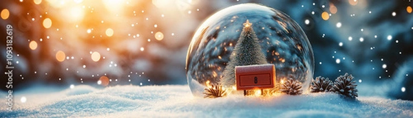 Fototapeta Magical, transparent snow globe containing a tiny red mailbox surrounded by snow and tiny Christmas letters, with a light up tree inside the globe