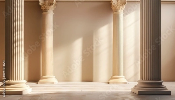 Fototapeta Minimalist architectural backdrop with Roman-style columns and warm natural lighting, ideal for sophisticated interior themes.
