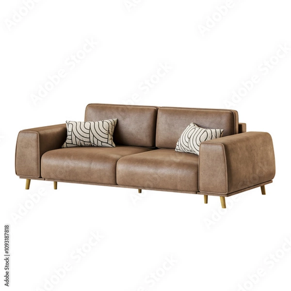Fototapeta A brown leather sofa with two pillows on it