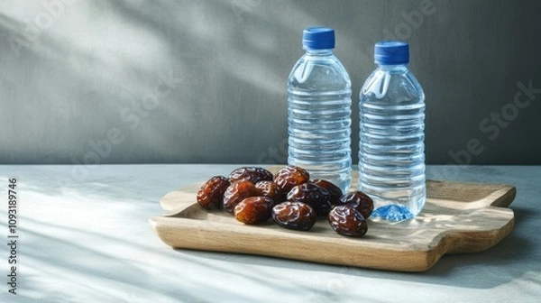 Fototapeta Water Bottles and Dates for Hajj Pilgrims on Table