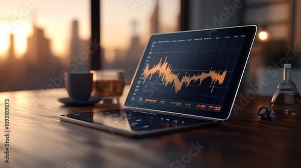 Obraz Tablet with evolving stock charts and coffee in office