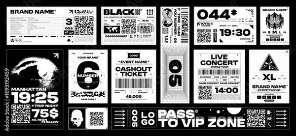 Fototapeta Brutalism label design pack. Futuristic assets for streetwear, event tickets and apparel branding. Retro Y2K and glitch aesthetics graphic elements. Vector set