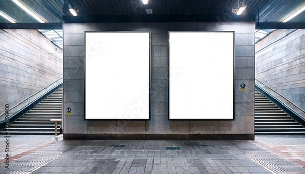 Fototapeta Two blank advertising posters on a subway wall next to a staircase. Interior setting, ideal for commercial branding display. 3D Rendering