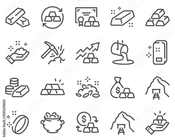 Obraz A simple set of gold related vector line icons. Contains icons such as price change, mine, gold bar stack and more. Editable stroke.