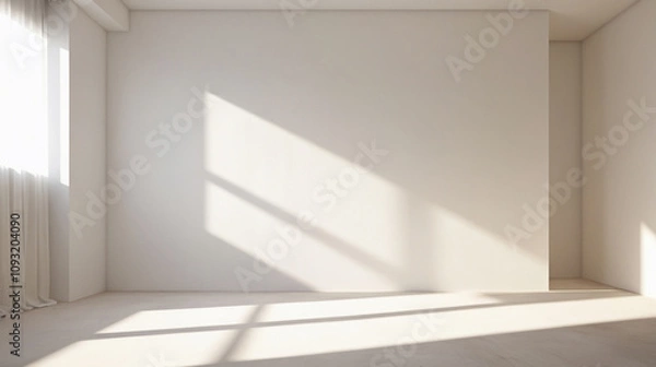 Fototapeta White empty wall, studio room with sunlight and shadows
