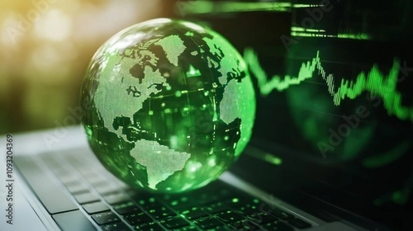Fototapeta Tech-driven global finance depicted by green globe art