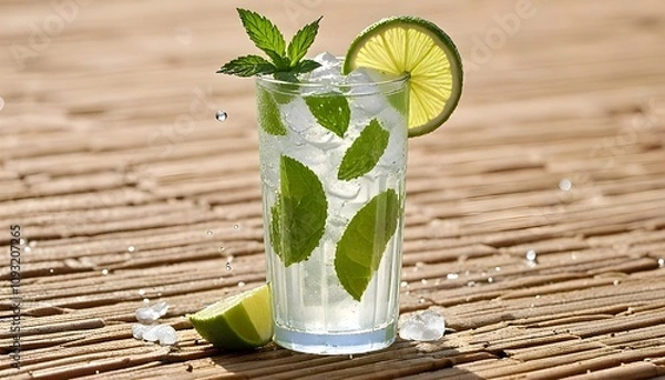 Fototapeta Ice-Cooled Mojito with Fresh Mint and Lime on a Beachside Setting