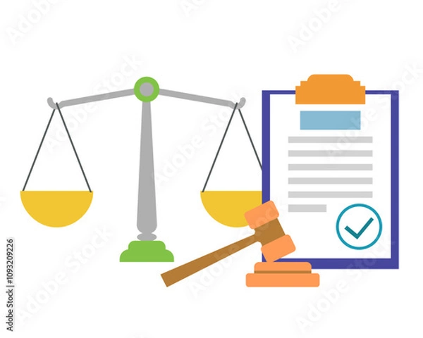 Obraz Affidavit. Document, judge's gavel and scales of justice. Vector simple color flat illustration.
