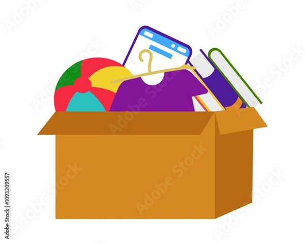 Obraz Box with things, clothes, toys. Garage sale, junk. Vector simple color flat illustration.