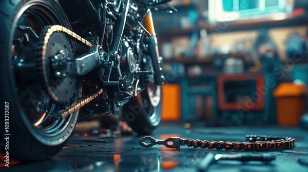 Fototapeta Custom Motorcycle in a Workshop: Detailed Rear View