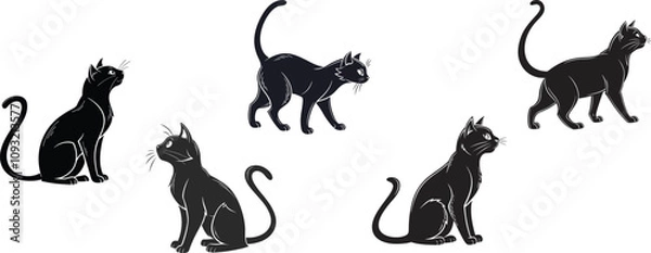 Obraz Funny black cats. Isolated crazy cat in different poses. Cute kitty angry hunting hiding sleeping and washing. Children stickers racy vector clipart