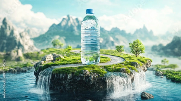 Fototapeta Idyllic scene of a water bottle on a green island