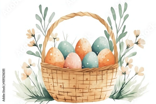 Fototapeta A charming watercolor illustration of an Easter basket filled with colorful eggs and surrounded by delicate spring flowers, capturing the spirit of Easter celebration