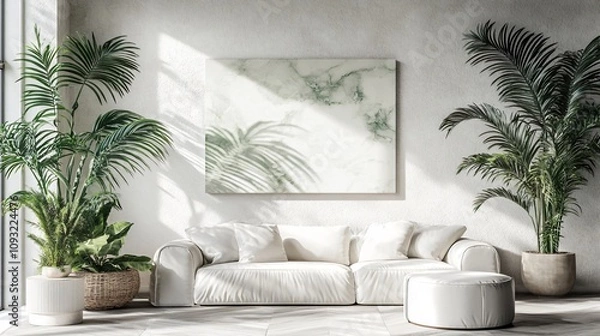 Fototapeta modern living room featuring white sofa, large palm plants, and marble wall art piece. natural light creates serene atmosphere, enhancing greenery and decor