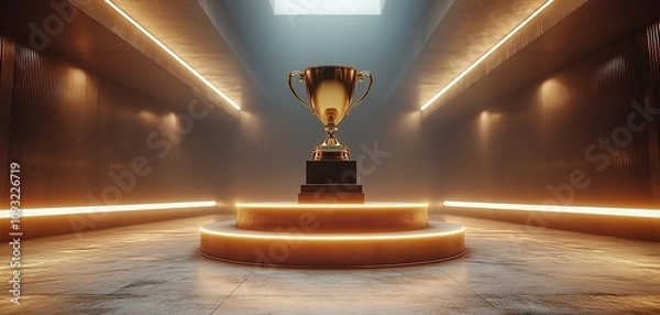 Fototapeta Golden Trophy on Pedestal Surrounded by Dramatic Lighting in Modern Hallway, Symbolizing Achievement, Success, and Victory in a Competitive Environment
