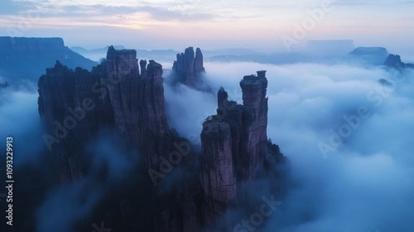 Fototapeta Majestic Rock Formations Rising Above Misty Clouds at Dawn, Capturing the Beauty of Nature's Splendor and Serenity in an Enchanting Landscape