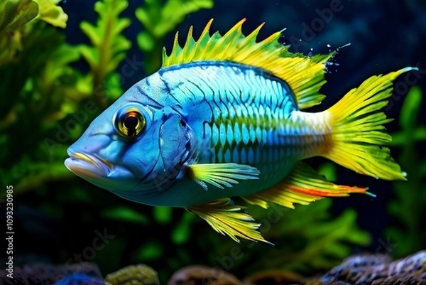 Fototapeta fish note a blue fish with yellow fins and a green seaweed crown