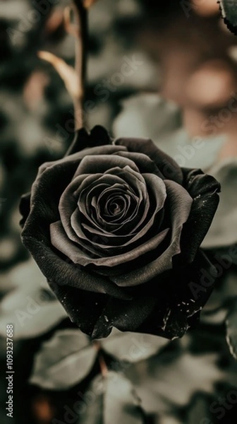 Obraz Captivating Black Rose Bloom Surrounded by Lush Green Leaves, Evoking Elegance and Mystery in Nature's Palette with a Soft Focus Effect