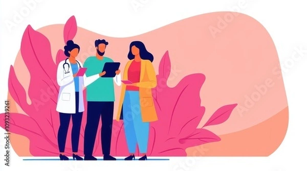 Fototapeta Three healthcare professionals discussing in a colorful, modern setting, highlighting collaboration and communication in a medical context.