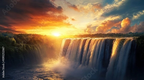 Fototapeta Majestic Sunset Over a Powerful Waterfall Cascading into a Serene River Surrounded by Lush Greenery and Dramatic Sky with Clouds