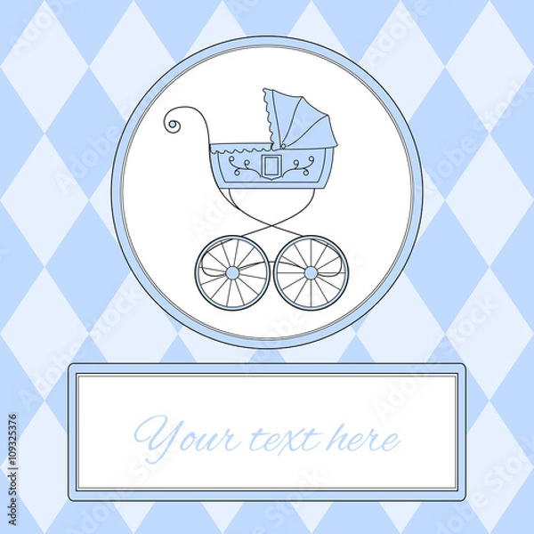 Obraz Baby boy arrival card or invitation with retro styled baby carriage and place for text, vector illustration
