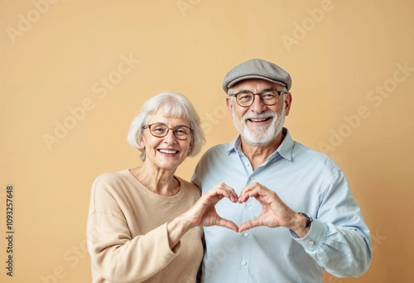 Fototapeta Smiling elderly couple joyfully making a heart shape with their hands, symbolizing love and companionship. This image captures the warmth and happiness in their enduring relationship.