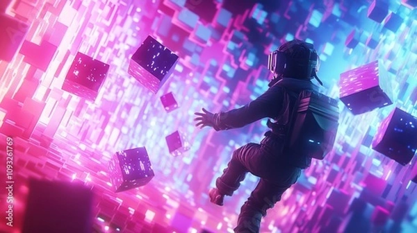 Fototapeta A figure in a futuristic environment surrounded by floating digital blocks and vibrant colors.