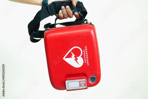 Fototapeta Male hand holding AED or defibrillator Red machine on white background. First Responder Holding Portable Defibrillator