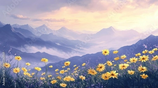 Fototapeta Serene Mountain Landscape Bathed in Soft Light with Vibrant Yellow Flowers in the Foreground and Majestic Peaks Under a Colorful Sky at Dusk