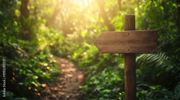 Fototapeta Rustic Wooden Signpost in Lush Green Forest Path with Soft Sunlight Filtering Through Trees Creating a Tranquil Outdoor Scene for Nature Lovers