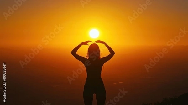Fototapeta A woman standing on a hilltop during sunrise, forming a frame with her hands around the bright sun emerging from the horizon