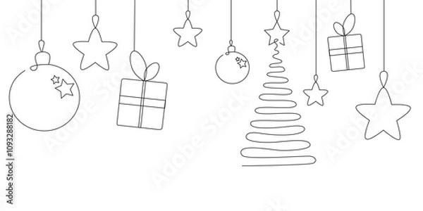 Fototapeta Vector Christmas garland in line art style. Festive sketch. Gift box, balls, tree, bell isolated on white background. Continuous line drawing christmas toys