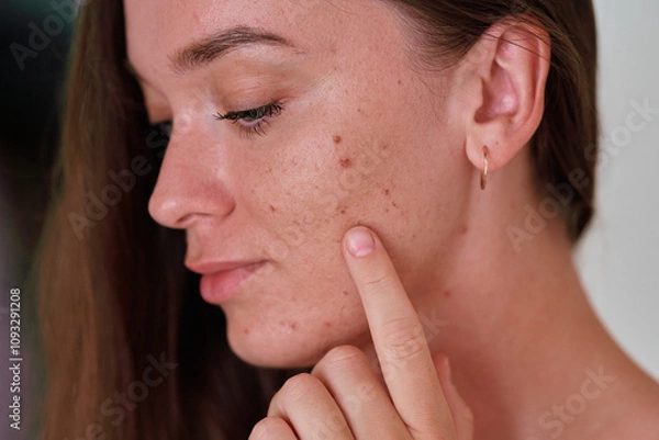 Obraz Young girl with oily problem sensitive facial skin suffering from acne, post-acne, cosmetology and dermatology