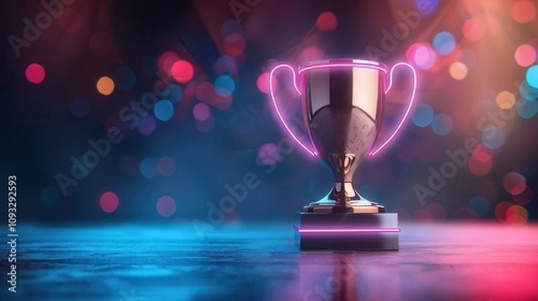 Fototapeta A glowing metallic trophy with neon pink highlights, set against a colorful bokeh background, placed on a glossy reflective surface.