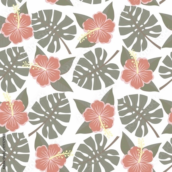Obraz seamless tropical leaves and flowers - monstera and hibiscus