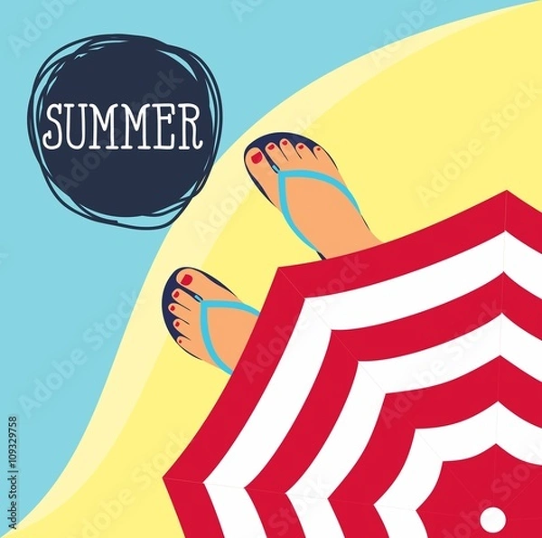 Obraz vector background feet in slippers on the background of the beach and the beach umbrella top view. Summer Time Background. Sunny Beach in Flat Design Style Vector Illustration