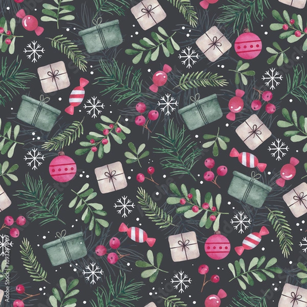 Fototapeta Seamless pattern with watercolor hand draw christmas toys, branch, cones, berry and leaves, isolated on dark background. 