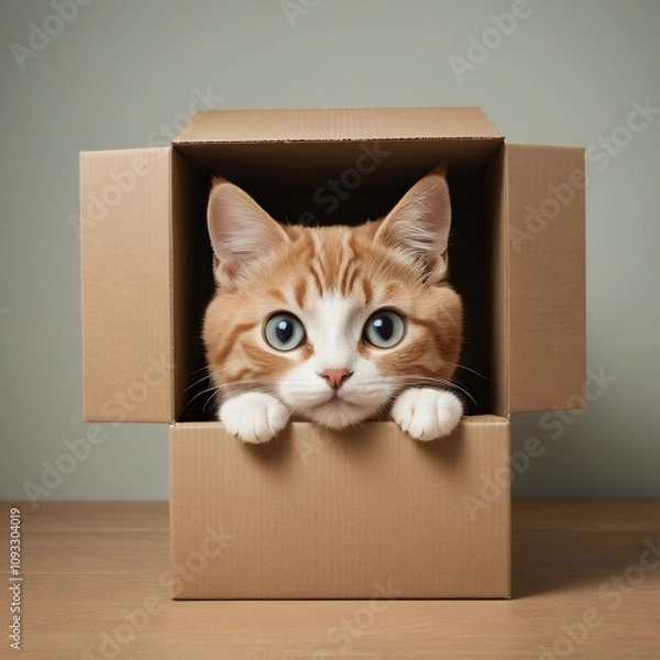 Fototapeta Adorable Ginger Cat Peeking Playfully from a Cardboard Box: A Charming Studio Portrait of a Curious Feline Companion