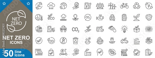 Fototapeta Net zero icons set. Sustainability, carbon neutral, eco-friendly, green energy, climate and more. thin line web icons vector illustration.