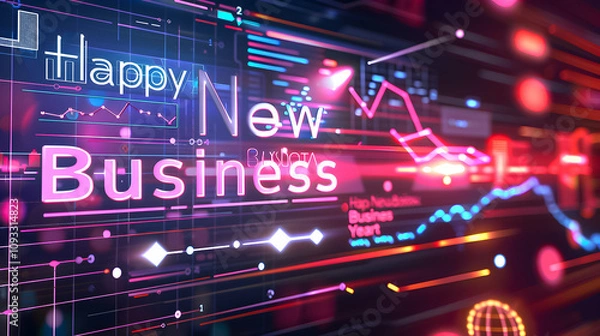 Fototapeta Digital interface with "Happy New Business Year" text and futuristic tech elements.